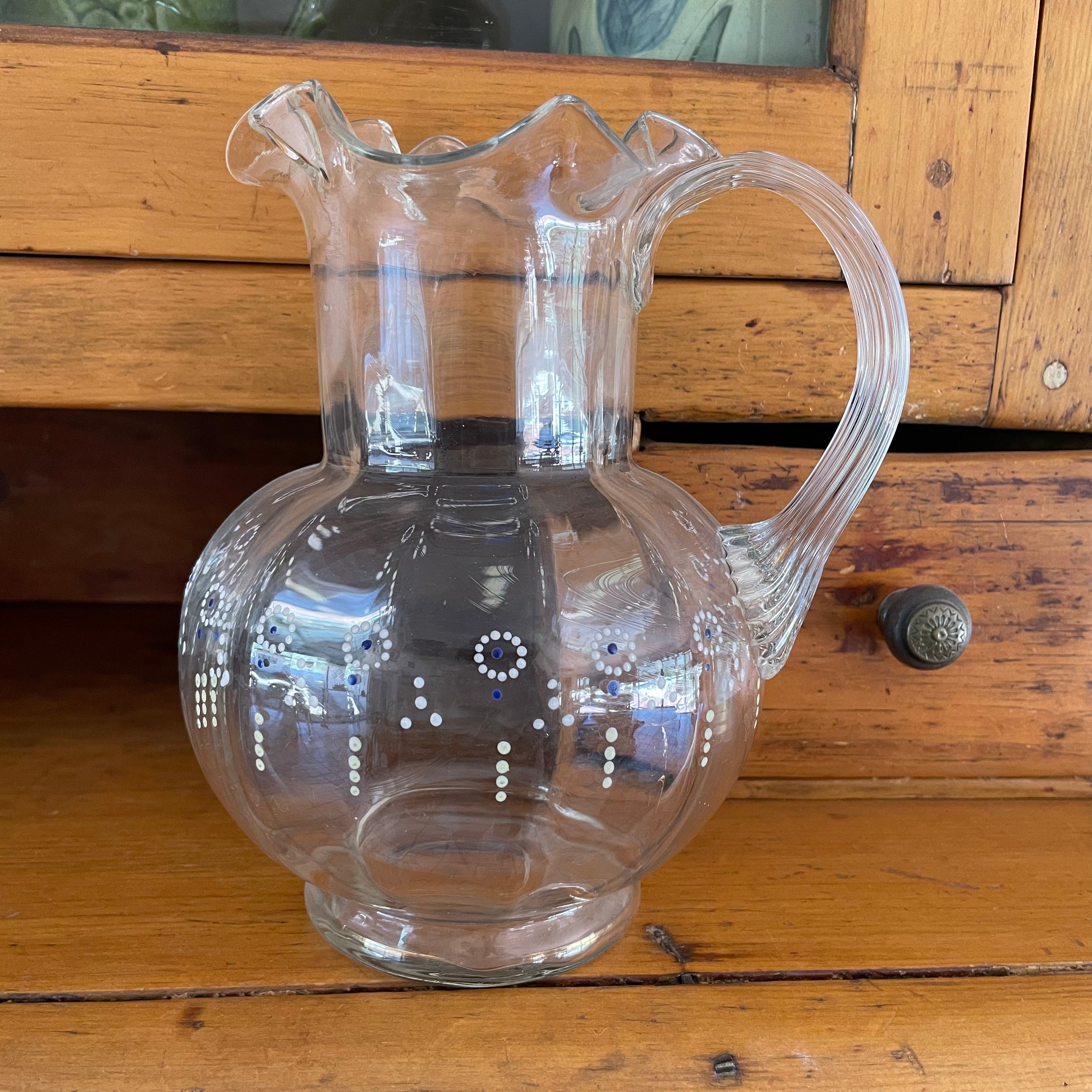 1950s Vintage Hand-Blown Small Glass Pitcher With Applied Handle & Pontil  Mark