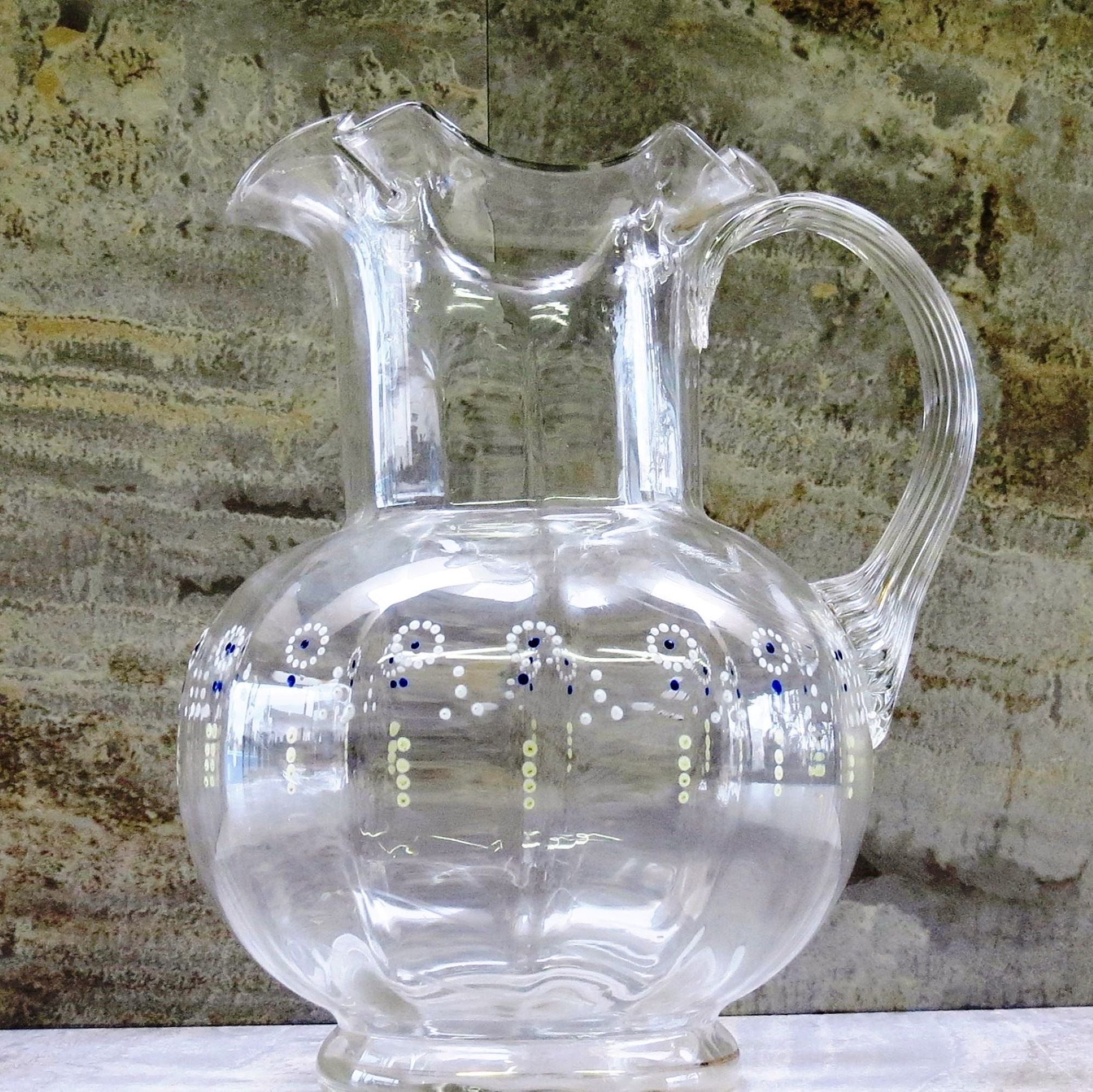Antique fluted lip hand painted glass pitcher, fluted lip, cottage style (c  1900s)