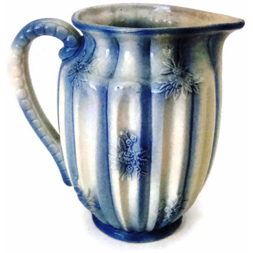 Antique fluted lip hand painted glass pitcher, fluted lip, cottage style (c  1900s)